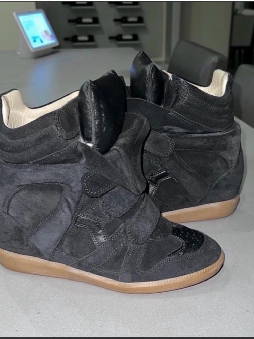 Isabel Marant Black Suede Hidden Wedge Sneakers with Gum Sole